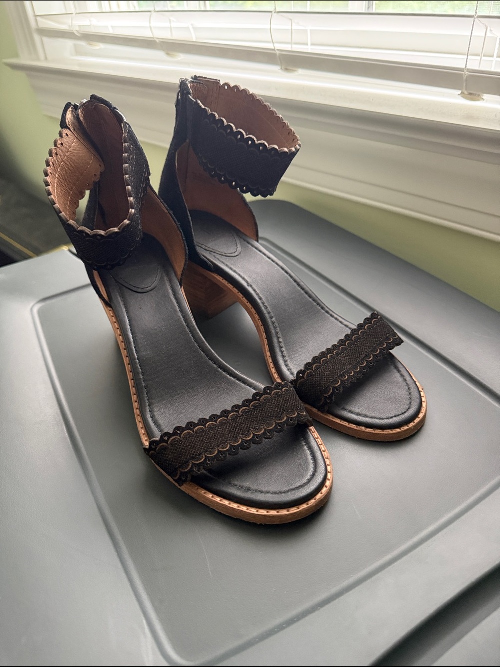 Frye Black Scalloped Ankle-Strap Heeled Sandals